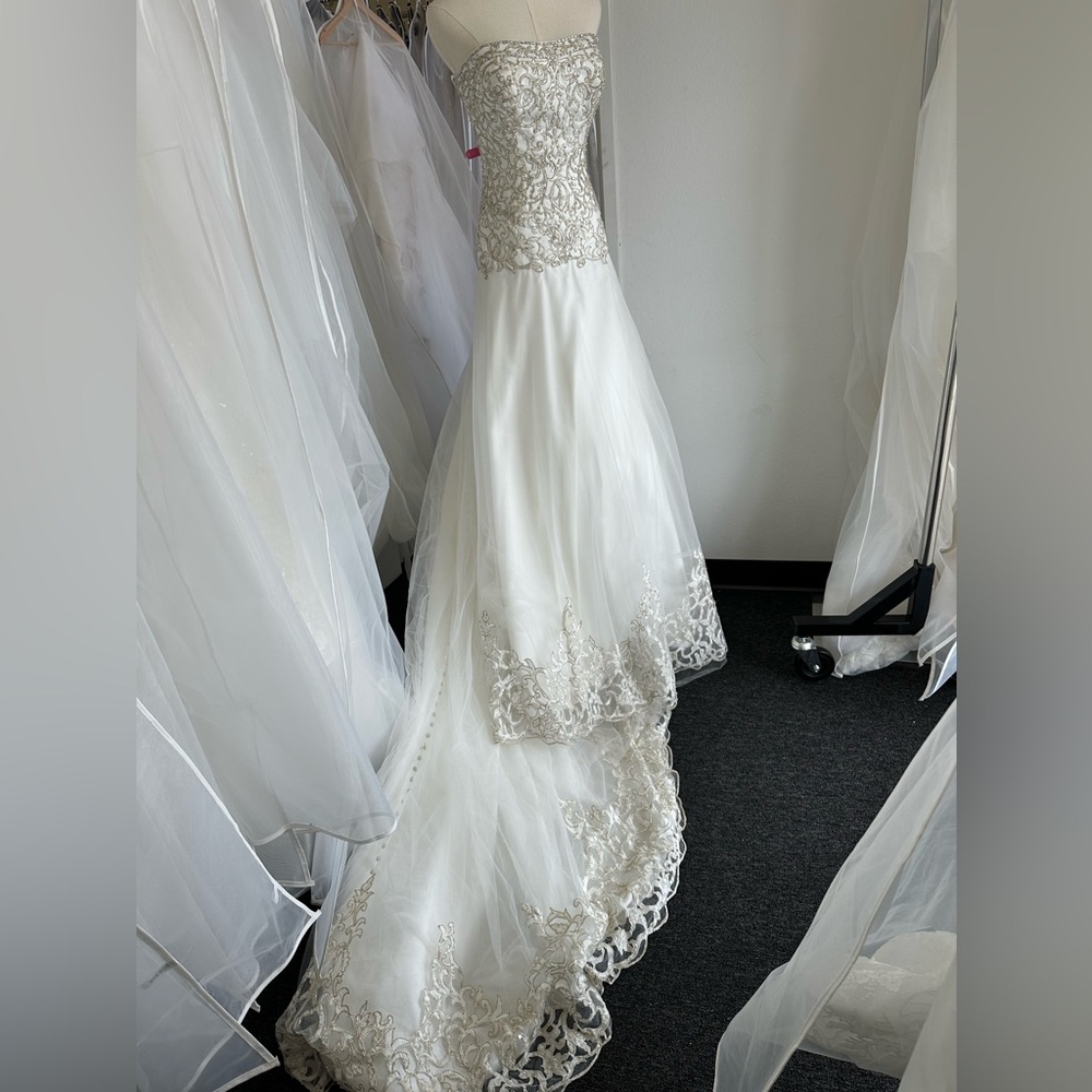 Elegant Ivory/ champagne embroidery Strapless Wedding Dress with Lace Details.